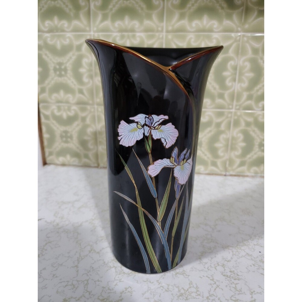 Vintage Kyoritsu Japan 7.5 Inch Black Iris And Dragonfly Gold Trimmed Vase